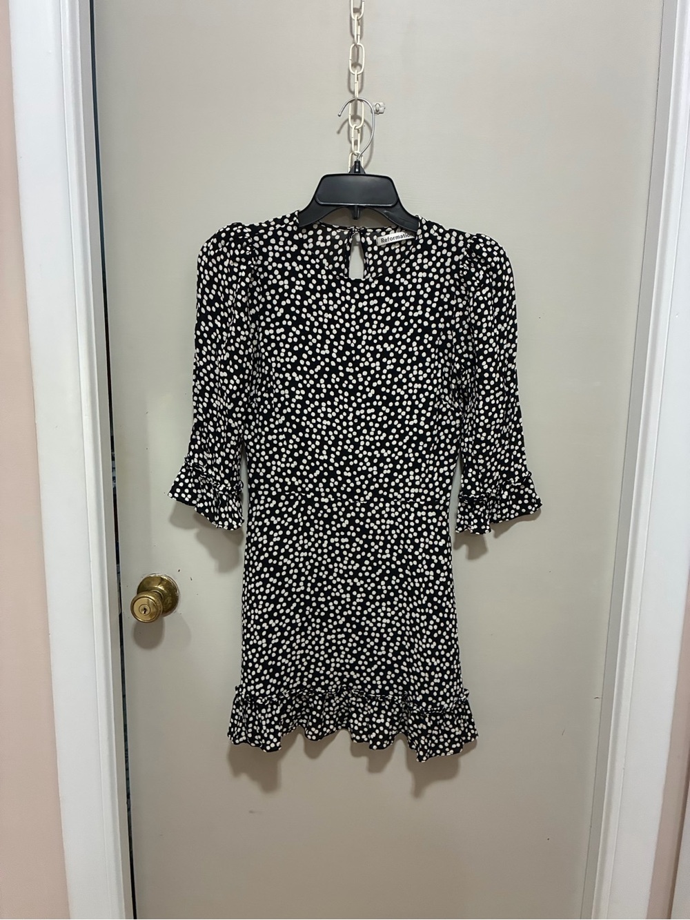 Reformation Black and White Polka Dot Ruffle-Hem Mini Dress